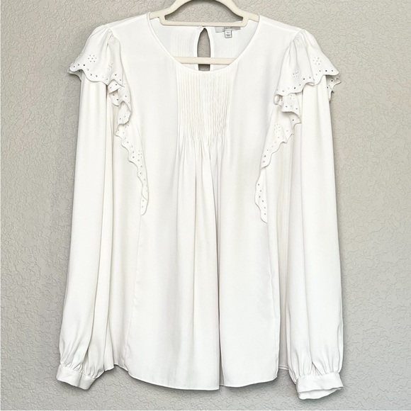 JOIE 70s Eyelet Embroidered Ruffle Pintuck Long Poet Sleeve Peasant Blouse L - Picture 4 of 14